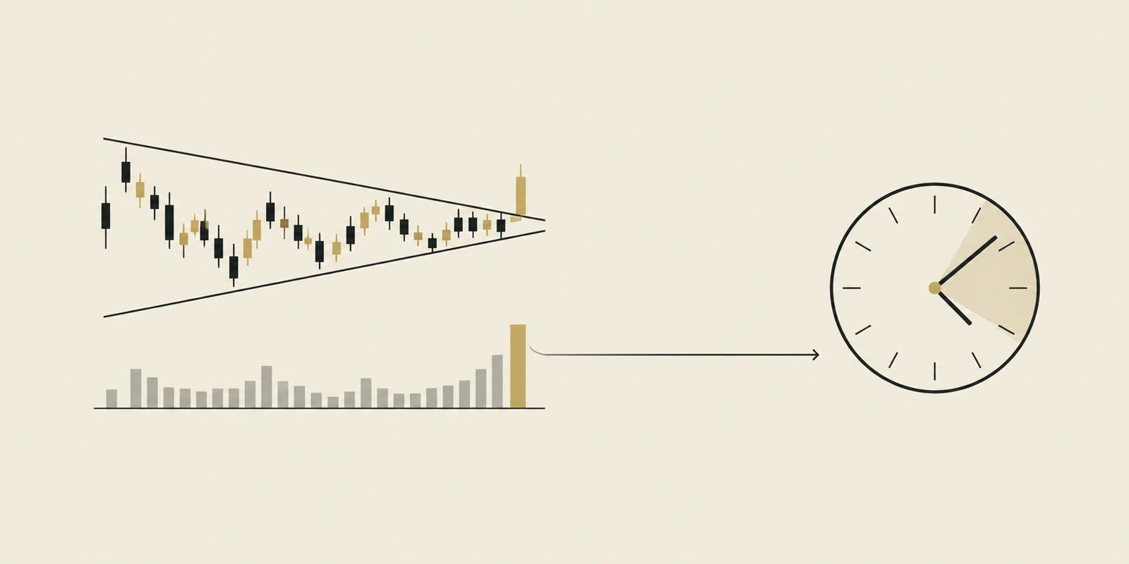 Illustrative consolidation and breakout volume beside a clock, showing why the time a volume measurement becomes known matters. No historical security or future outcome is depicted.